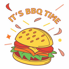 Cute Cartoon Illustration Of A Delicious Burger Its Bbq Time