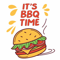 Hand Drawn Burger And It Is Bbq Time Design On White Background