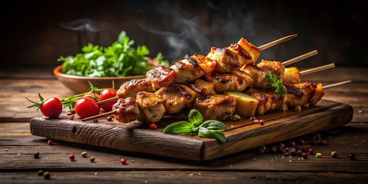 Silhouette of Grilled Chicken Lula Kebabs on Wooden Board