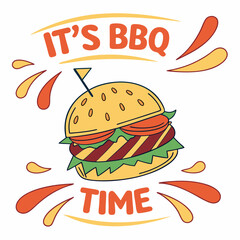 Its Bbq Time Cartoon Burger Illustration With Modern Font Style Vector