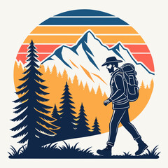 Hiker Silhouette Against Sunset Mountain Backdrop Vector Illustration Graphic Design