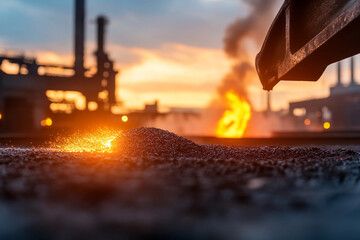 Fototapeta premium Close-up view of molten metal being poured in a steel mill at sunset