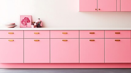 A stylish modern kitchen with pink cabinets and decorative objects