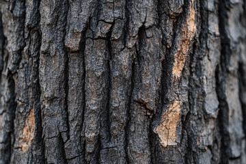 Obraz premium Close-up examination of textured tree bark showcasing intricate patterns and natural color variations