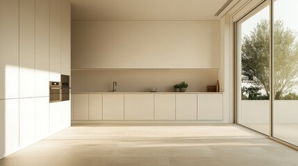 Modern beige kitchen with patio view, interior design