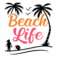 Obraz premium Beach Life Summer Vacation With Palms Girl And Ball Illustration