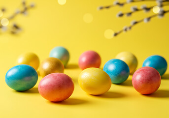 Colorful easter eggs on yellow background for easter holiday celebration