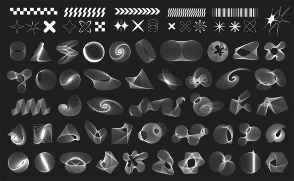 Big collection of abstract geometric wireframe shapes. Colorful modern brutal forms and figures on black background. Y2k design aesthetic. Decorative design elements. Vector illustration.