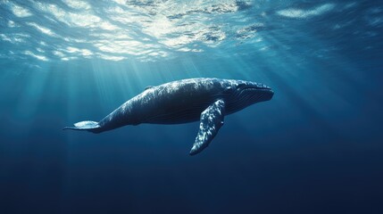 Obraz premium Humpback Whale Swimming Gracefully Under Ocean Surface with Sun Rays