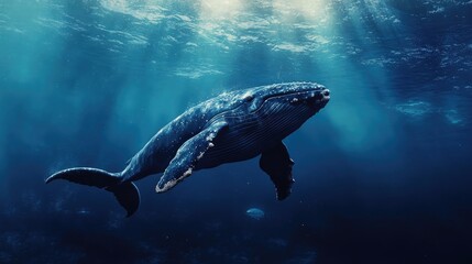 Fototapeta premium Humpback Whale Swimming Underwater with Sun Rays Streaming Through Ocean