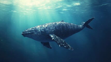 Fototapeta premium Humpback Whale Swimming Gracefully Underwater in Ocean Depths with Sun Rays