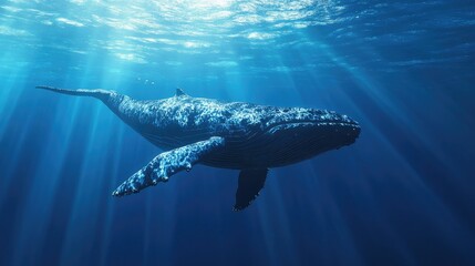 Naklejka premium Humpback Whale Swimming Underwater with Sun Rays Shining Through Ocean Depths