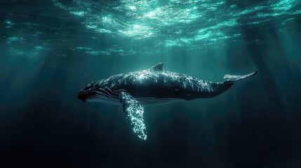 Naklejka premium Humpback Whale Swimming Underwater with Sun Rays Through Ocean Surface