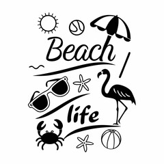 Black And White Beach Life Themed Illustration With Summer Icons And Design Elements