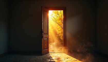 Mysterious doorway with golden sunlight shining through in a dark room.