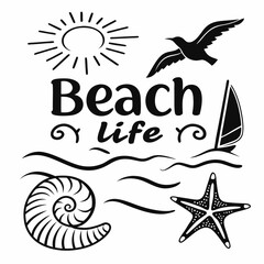 Black And White Beach Life Icon Set With Sun Sea Shell And Bird