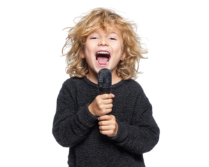 joyful child with curly blonde hair passionately sings into microphone, expressing excitement and enthusiasm. vibrant energy captures essence of fun performance
