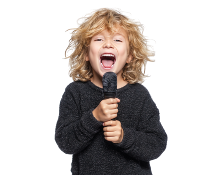 joyful child with curly blonde hair passionately sings into microphone, expressing excitement and enthusiasm. vibrant energy captures essence of fun performance