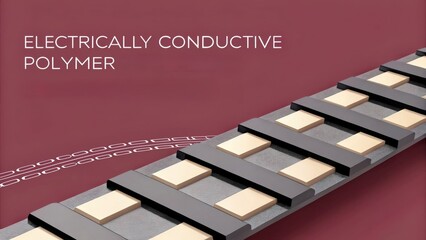 material science nanomaterials concept. Conductive polymer with a textured surface and bold text overlay.