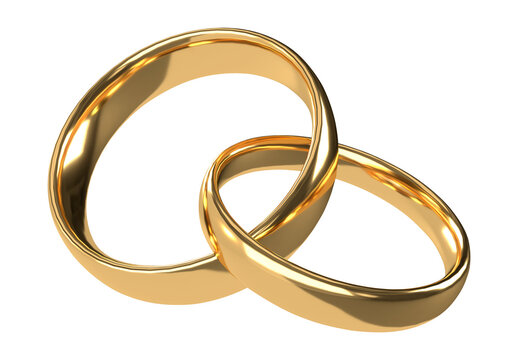 Golden wedding rings. 3D gold illustration for Valentines day. Symbols of love and fidelity. Male and female ring interlocked with each other