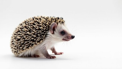Obraz premium Single hedgehog on plain white backdrop, facing right, closeup, right, mammal