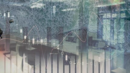 Animation of financial data graphs overlaying ocean waves and abstract textures - Powered by Adobe