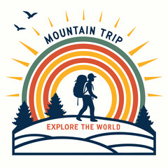 Obraz premium Hiking Adventure Graphic With Mountain Trip Text And Backpacker Silhouette