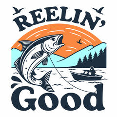 Fishing Adventure Featuring Jumping Salmon And A Boatman Silhouette Illustration