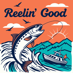 Retro Fishing Trip Illustration Jumping Fish Catch Boat Ocean Graphic
