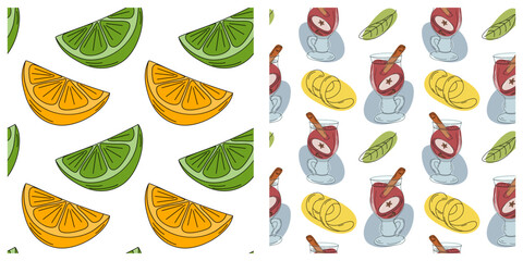 Orange Lime slices Pop Art Mulled wine Glass Cinnamon stick leaves fruit zest Seamless Pattern Set 2