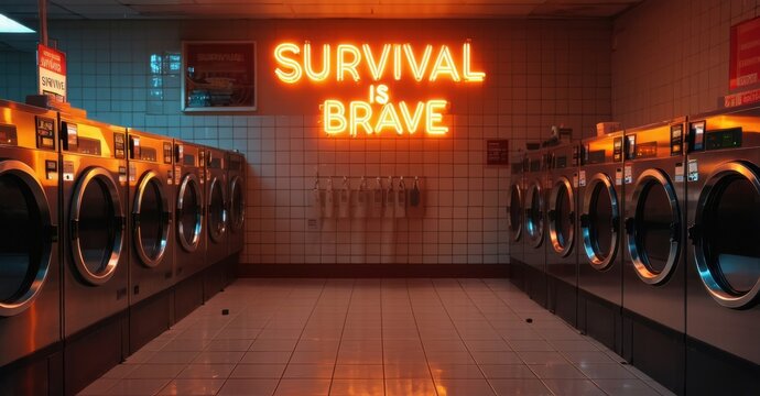 Naklejki Glowing orange neon survival is brave in thick font glowing inside quiet laundromat with spinning machines and reflections on tiles