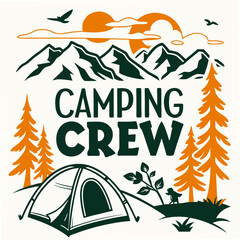 Camping Crew Adventure Graphic With Mountains Tent And Trees Illustration