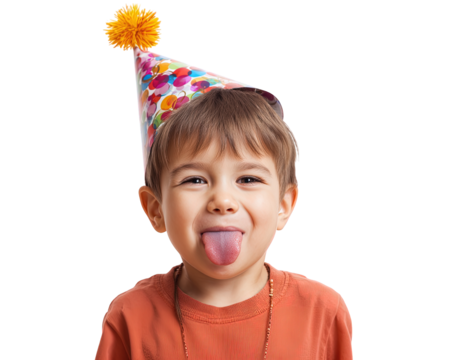 cheerful boy making funny face while wearing colorful party hat, expressing joy and playfulness. His playful demeanor adds lively touch to celebration - Powered by Adobe