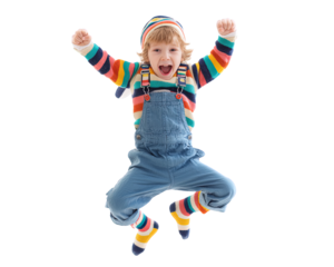 joyful boy wearing colorful mismatched socks and striped sweater jumps in air with excitement, showcasing his playful spirit and vibrant outfit