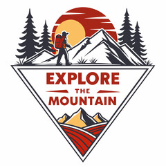 Hiking Adventure With Backpack In Mountain Landscape Vector Illustration Emblem
