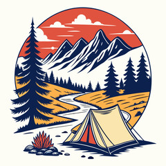 Camping Adventure In The Mountains With Tent And River Landscape Illustration