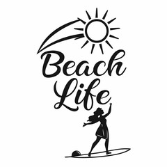 Beach Life Surfboard Illustration Woman Surfing Vector Graphic Design Tropical Theme