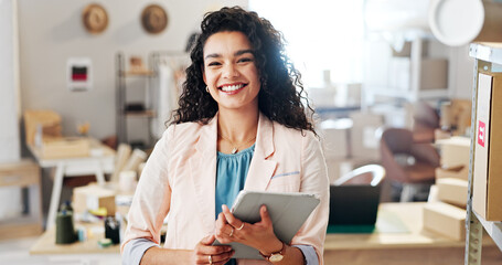 Portrait, happy and woman on tablet for small business, fashion ecommerce and management of boutique. Female person, smile and digital with supply chain, clothing production and logistic distribution