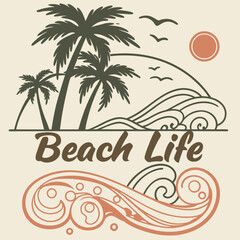 Naklejka premium Beach Life Graphic With Palm Trees Waves Sun And Birds Illustration
