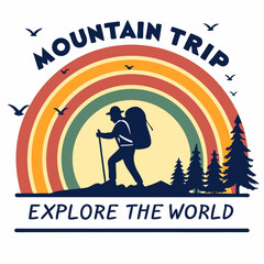 Obraz premium Retro Mountain Trip Illustration With Hiker And Colorful Rainbow Design