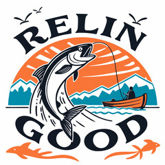 Fishing Adventure Emblem With Jumping Fish And Fisherman In A Boat Silhouette