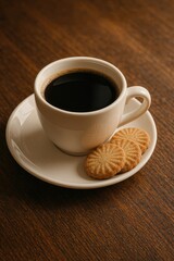 Close-up of Hot Coffee Latte with Latte Art on Wooden Office Desk in Cozy Café


