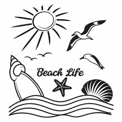 Graphic Design Of Beach Life Featuring Sun Shells And Sea Animals