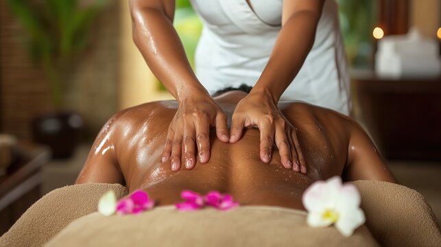 A masseuse giving a back massage to an African American woman in the spa. A Black woman receiving a professional relaxing back massage at a spa salon. Oil. Luxury resort hotel