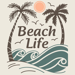 Naklejka premium Illustration Of Beach Life With Palm Trees Sun And Ocean Waves