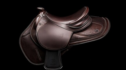 Elegant brown leather equestrian saddle isolated on black background.