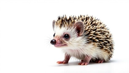 Tiny hedgehog isolated on pure white background, showing spines and small nose , domestic, macro