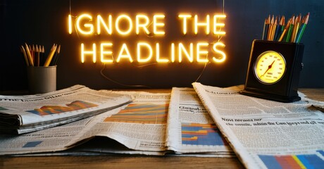Bright neon sign says IGNORE HEADLINES. Newspapers, pens, clock visible. Dark background creates dramatic effect. Focus on message, simplicity.