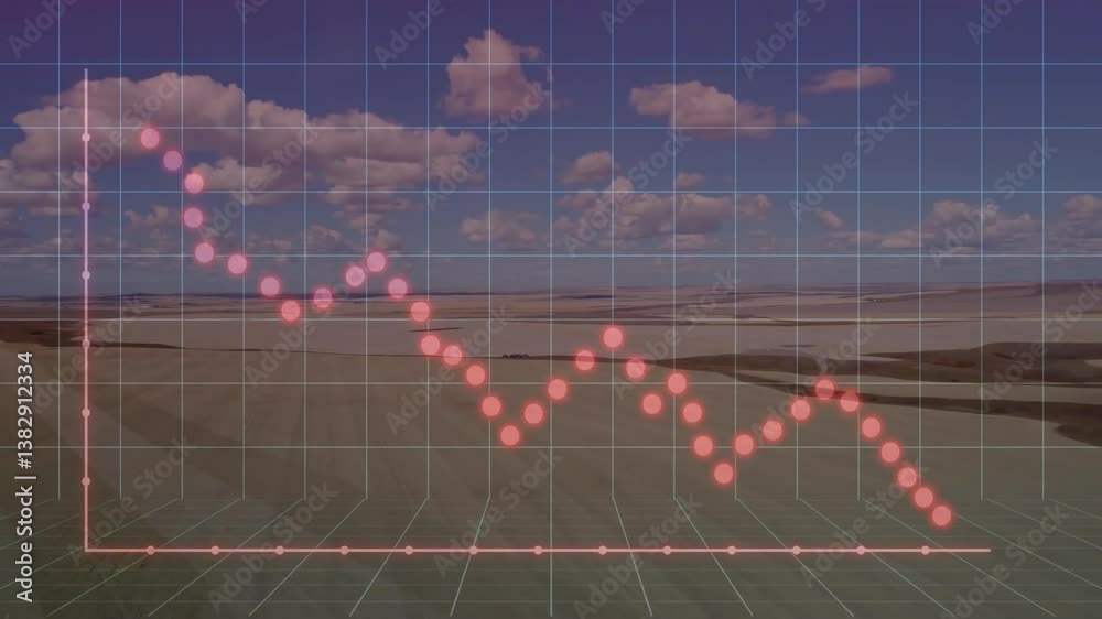 Poster graph with red data points overlaying landscape and cloudy sky animation