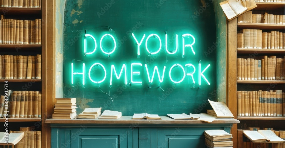Poster bright neon sign reads do your homework against dark green wall. bookshelves filled with old books f
